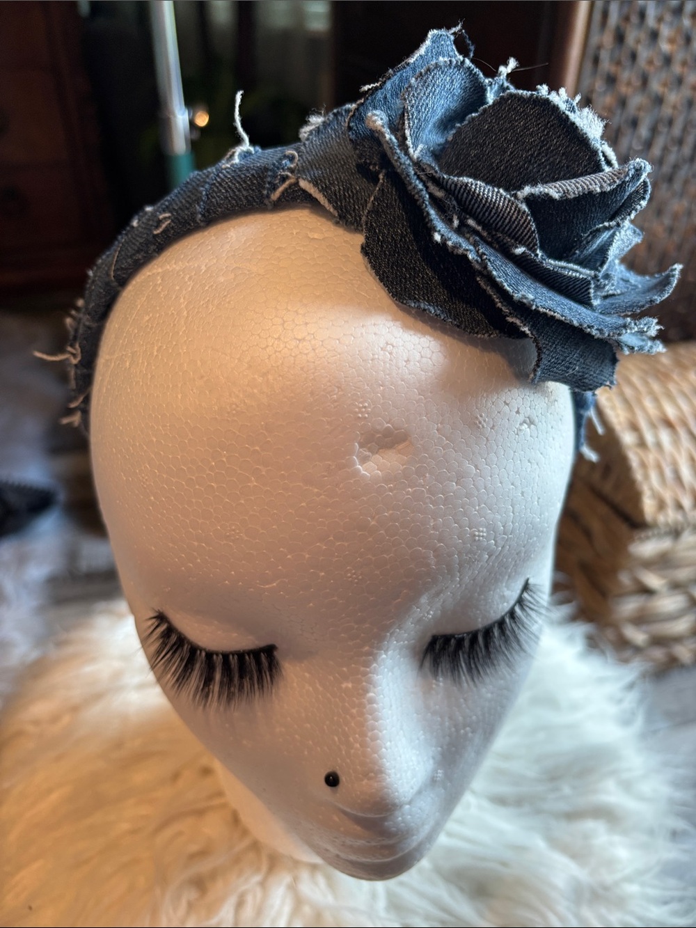 Frayed Denim Flower Headband in Blue